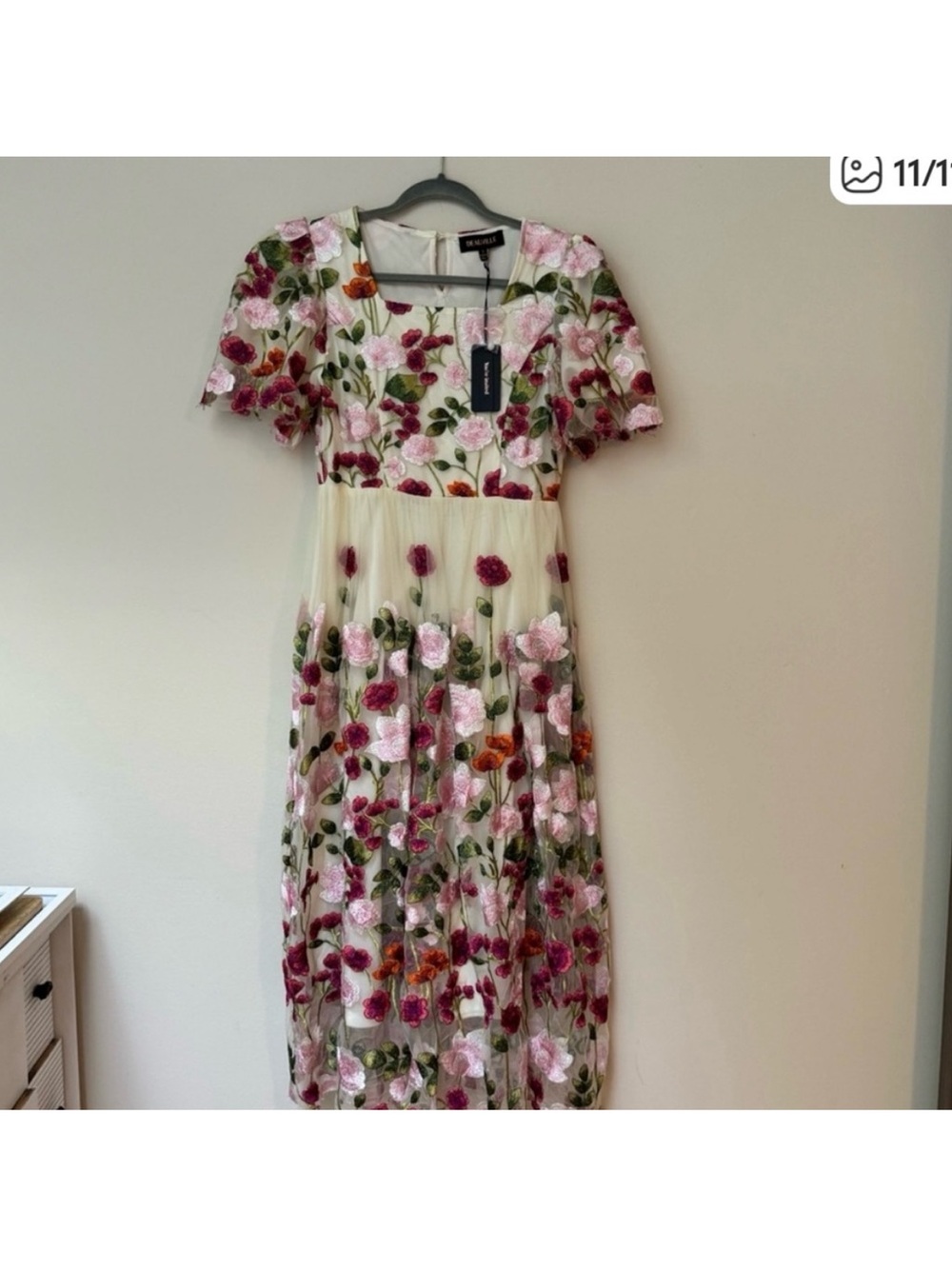 Floral Embroidered Tulle Midi Dress - Pink & Green